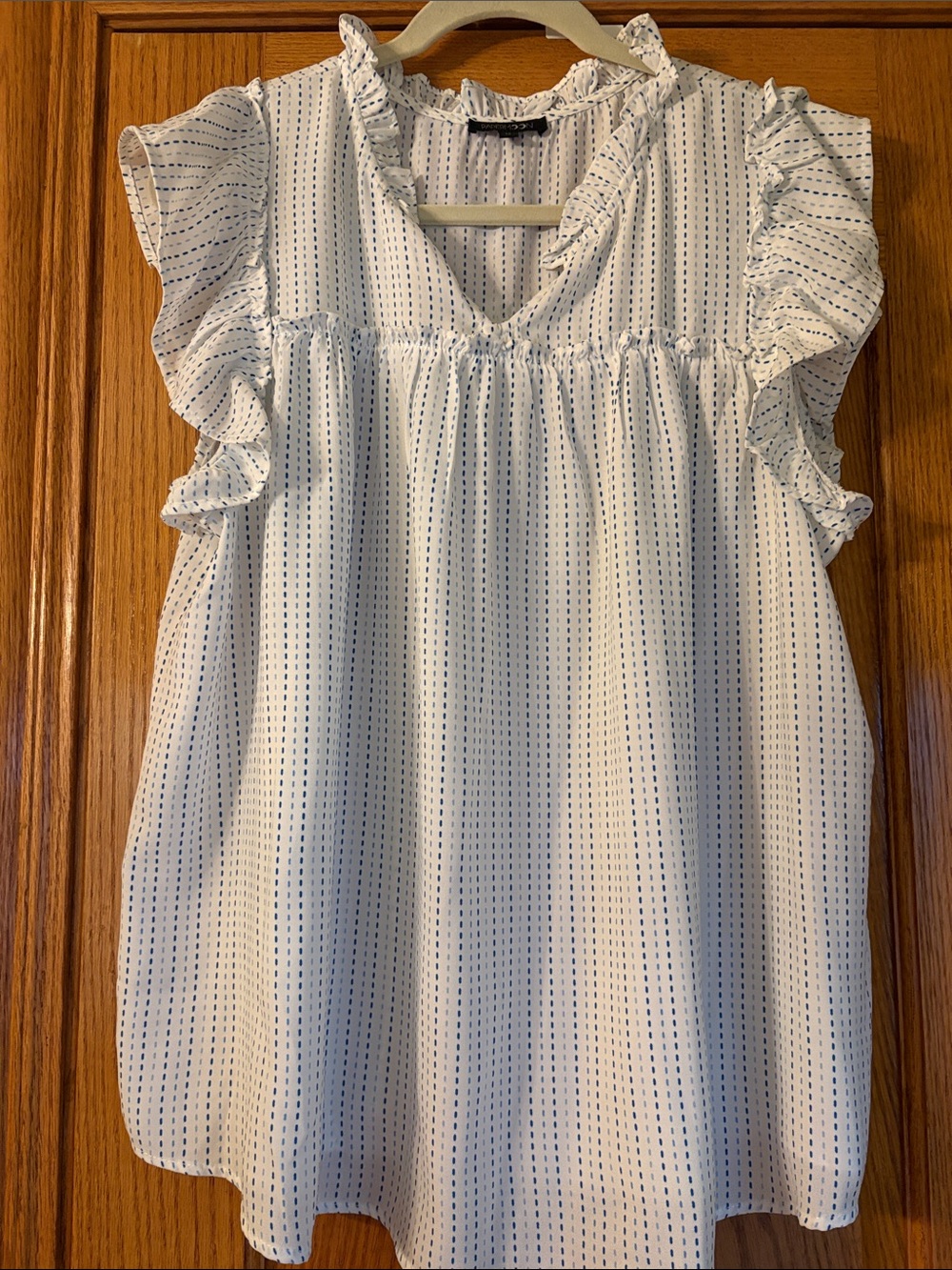 Papermoon Blouse 1X with shades of blue dotted strips and Ruffle Trim